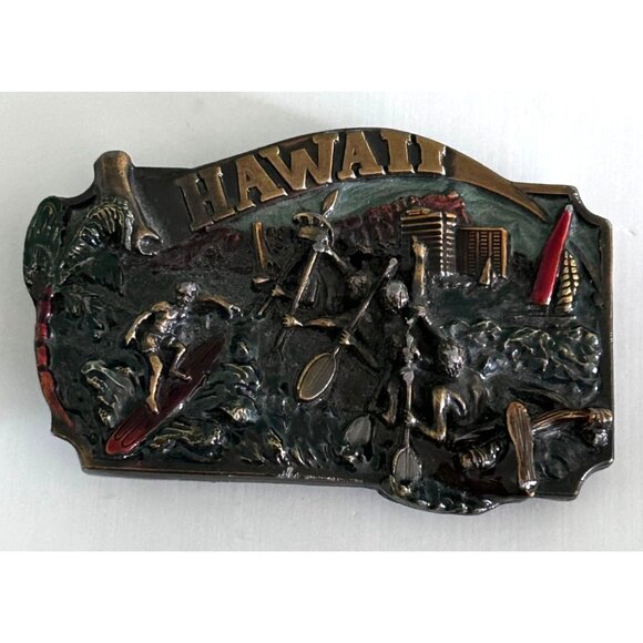 Vintage Hawaii Souvenir Belt Buckle Surfing Canoeing Scene Metal - Picture 1 of 4